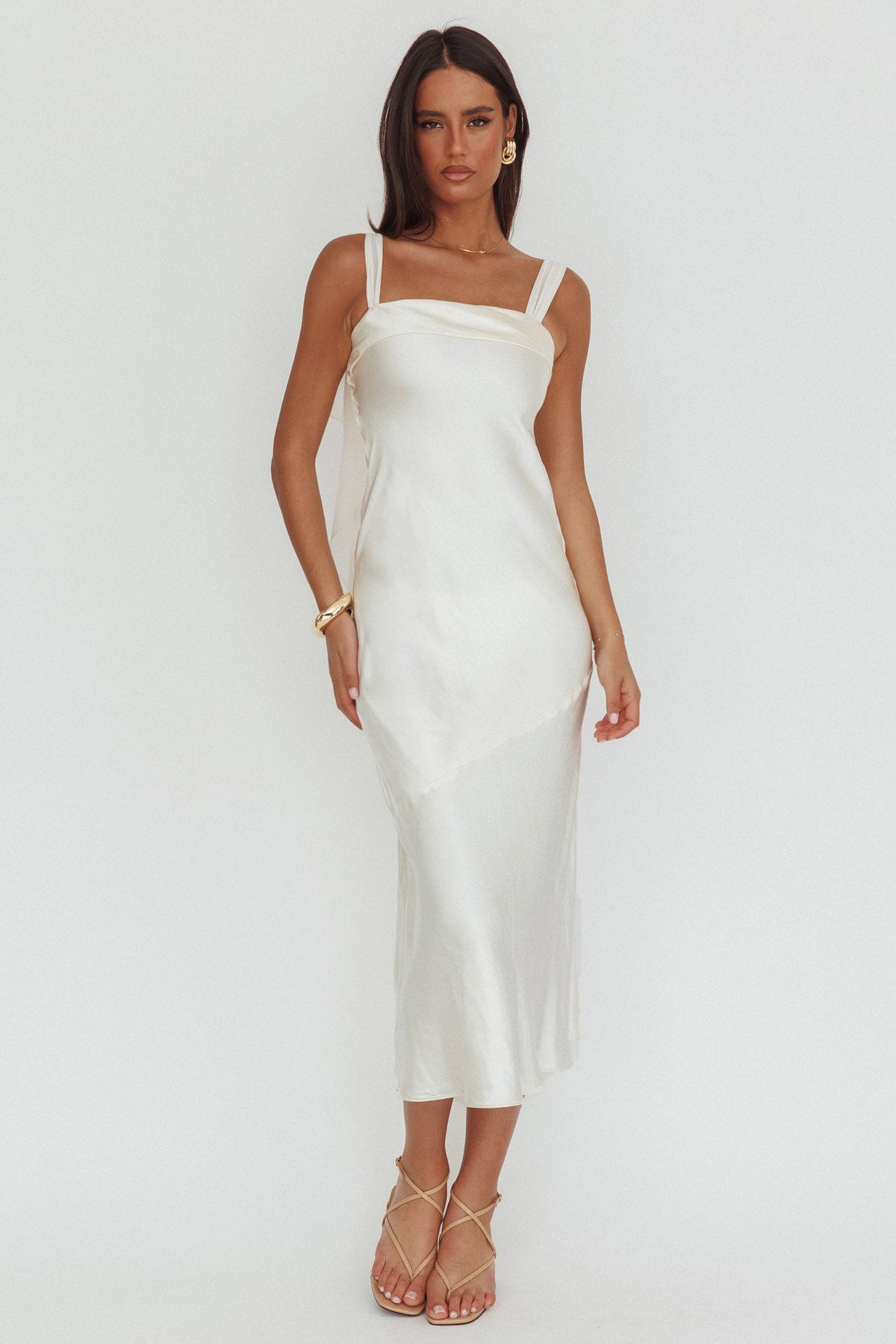 Carmel Shoulder Sash Midi Dress Oyster