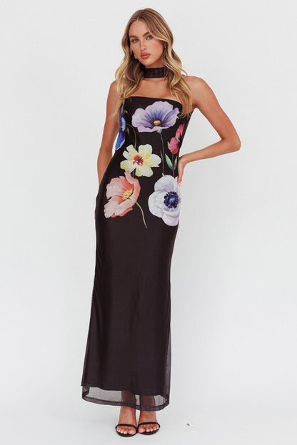 Damsel Reverse Halter Mesh Maxi Dress Flower Black