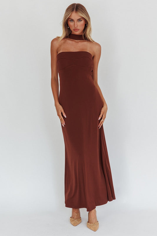 Damsel Reverse Halter Maxi Dress Chocolate