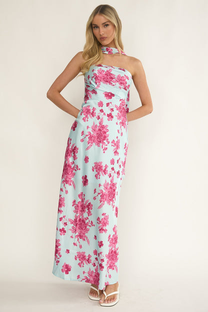 City Of Stars Strapless Scarf Maxi Dress Floral Ice Blue