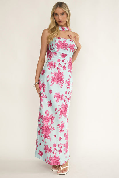 City Of Stars Strapless Scarf Maxi Dress Floral Ice Blue