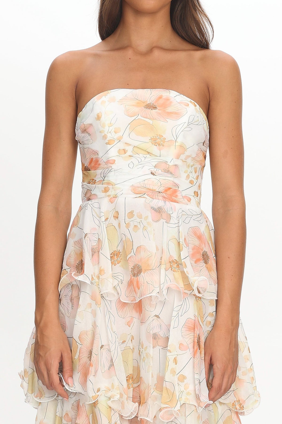 Giavana Strapless Layered Midi Dress Floral Beige