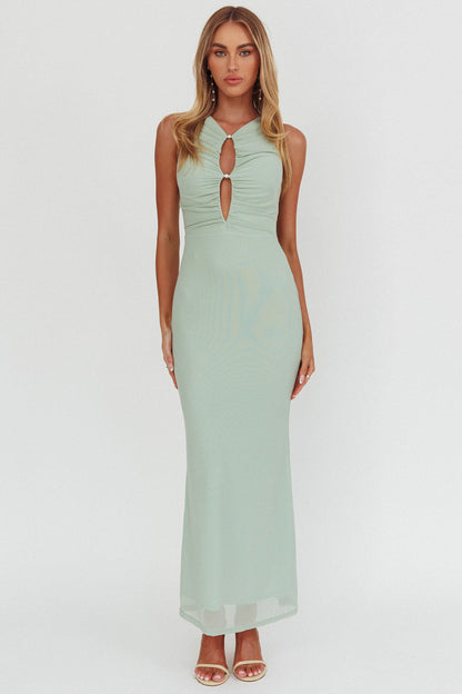 Piece Of Heaven Sleeveless Keyhole Mesh Maxi Dress Sage
