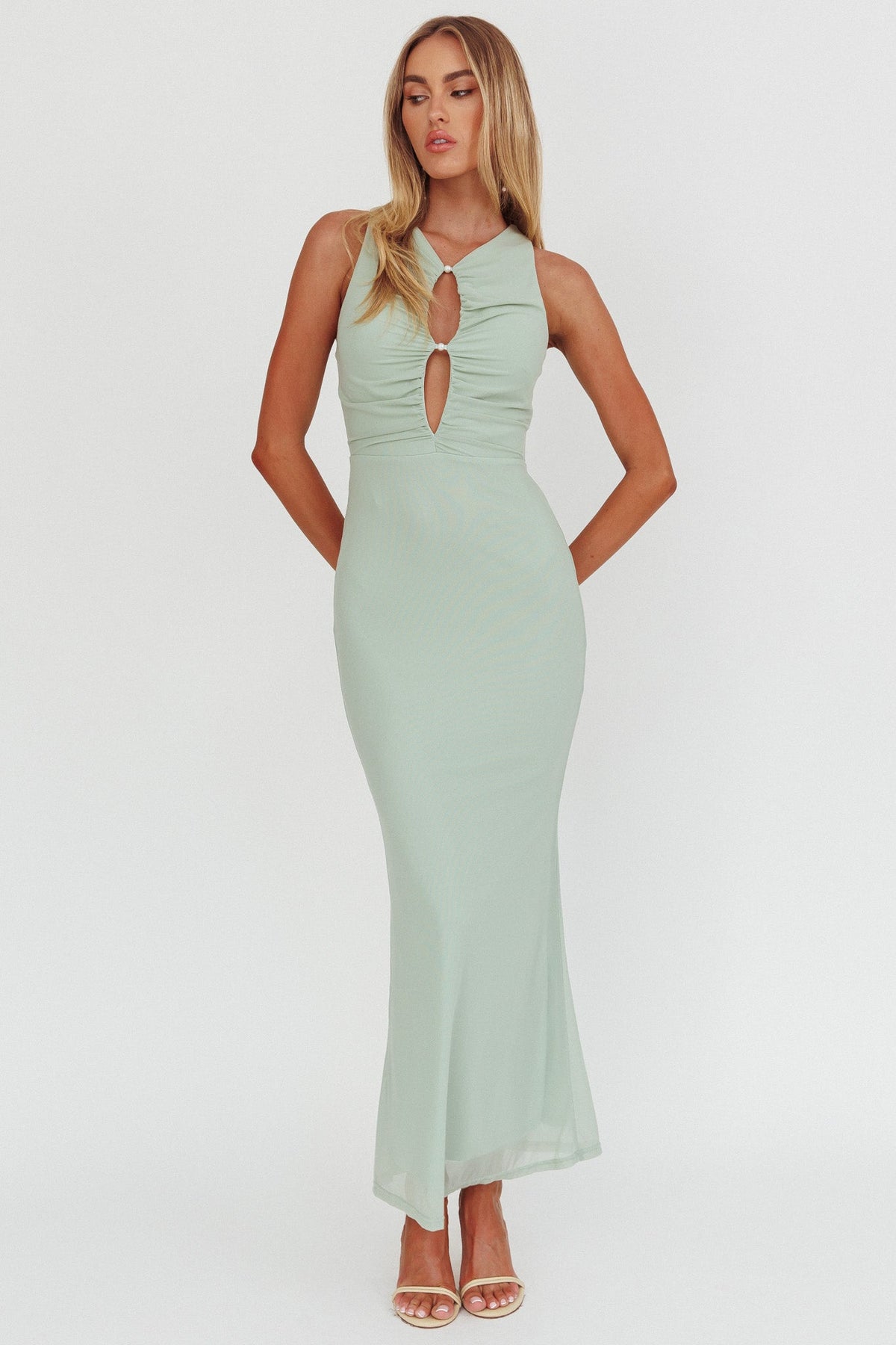 Piece Of Heaven Sleeveless Keyhole Mesh Maxi Dress Sage