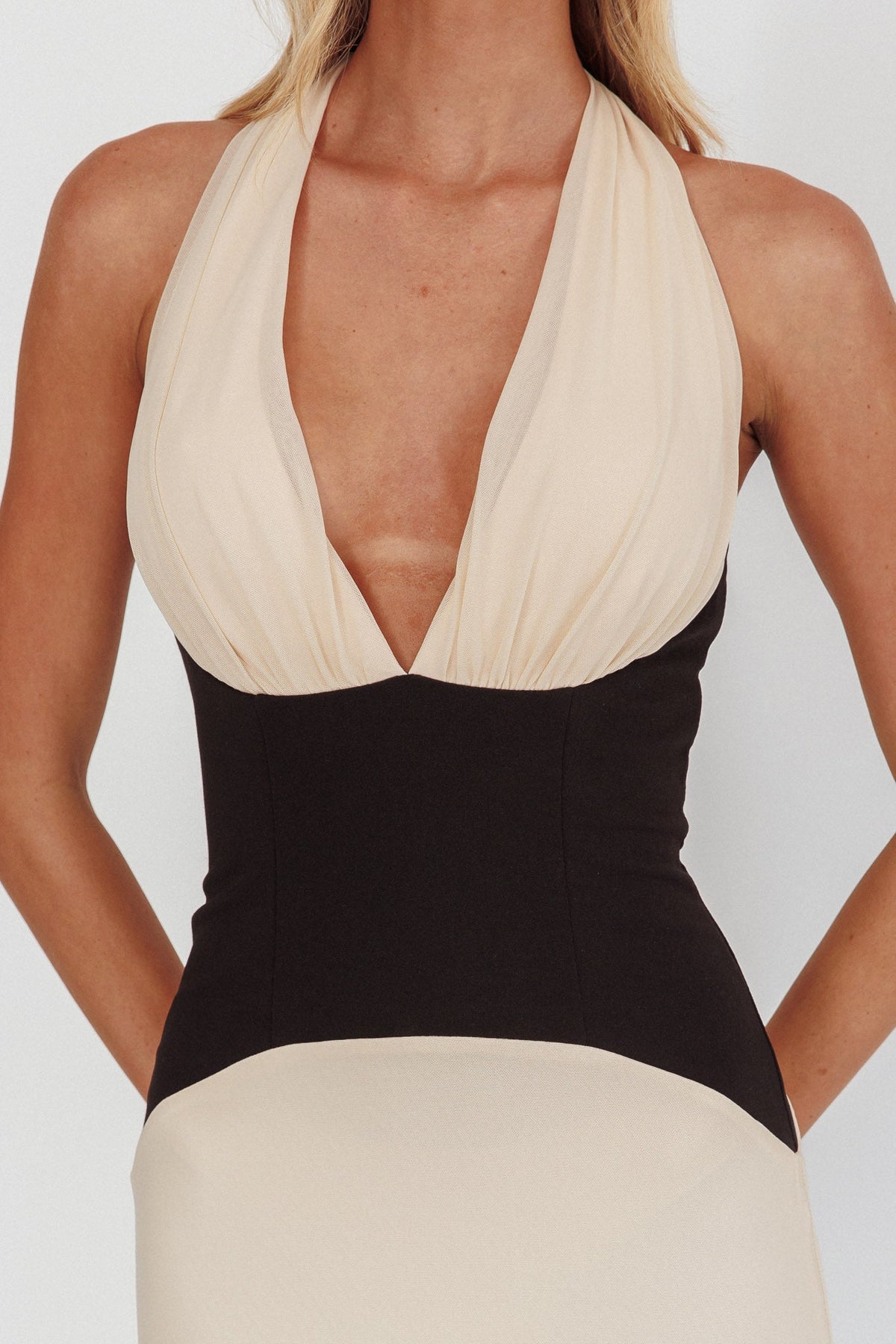 Milos Contrast Halter Maxi Dress Cream