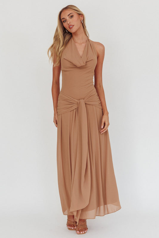 Maretha Cowl Halterneck Maxi Dress Latte
