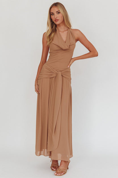 Maretha Cowl Halterneck Maxi Dress Latte