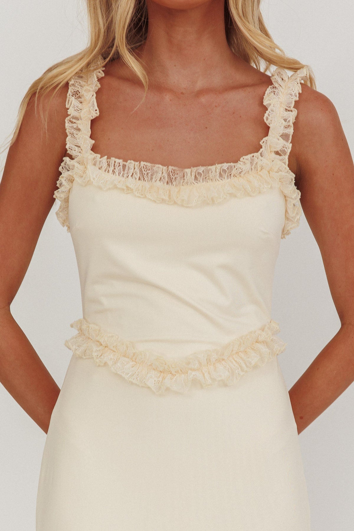 Olivera Lace Frill Trim Maxi Dress Cream