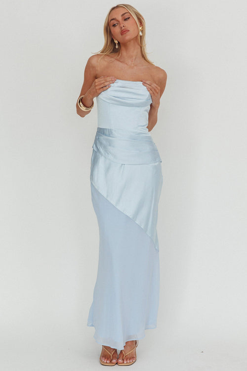 Moon Aura Pleat Detail Strapless Maxi Dress Blue