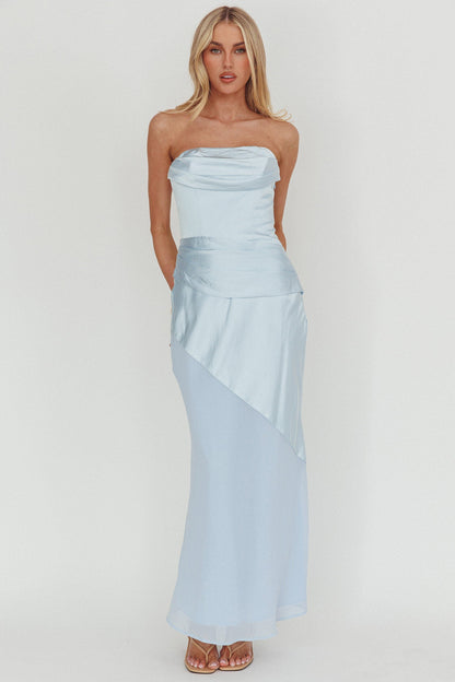 Moon Aura Pleat Detail Strapless Maxi Dress Blue