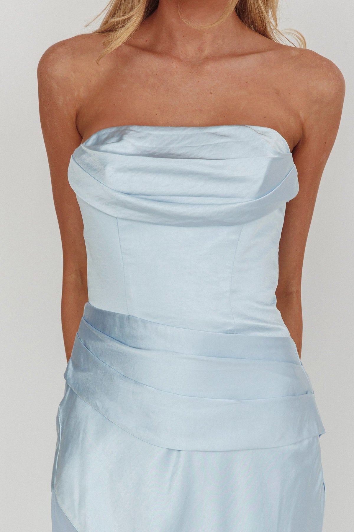 Moon Aura Pleat Detail Strapless Maxi Dress Blue