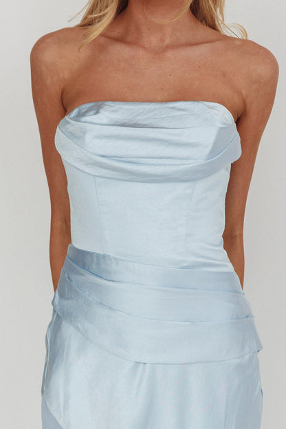 Moon Aura Pleat Detail Strapless Maxi Dress Blue