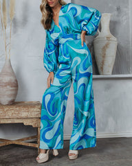 Emilio Satin Printed Wide Leg Jumpsuit