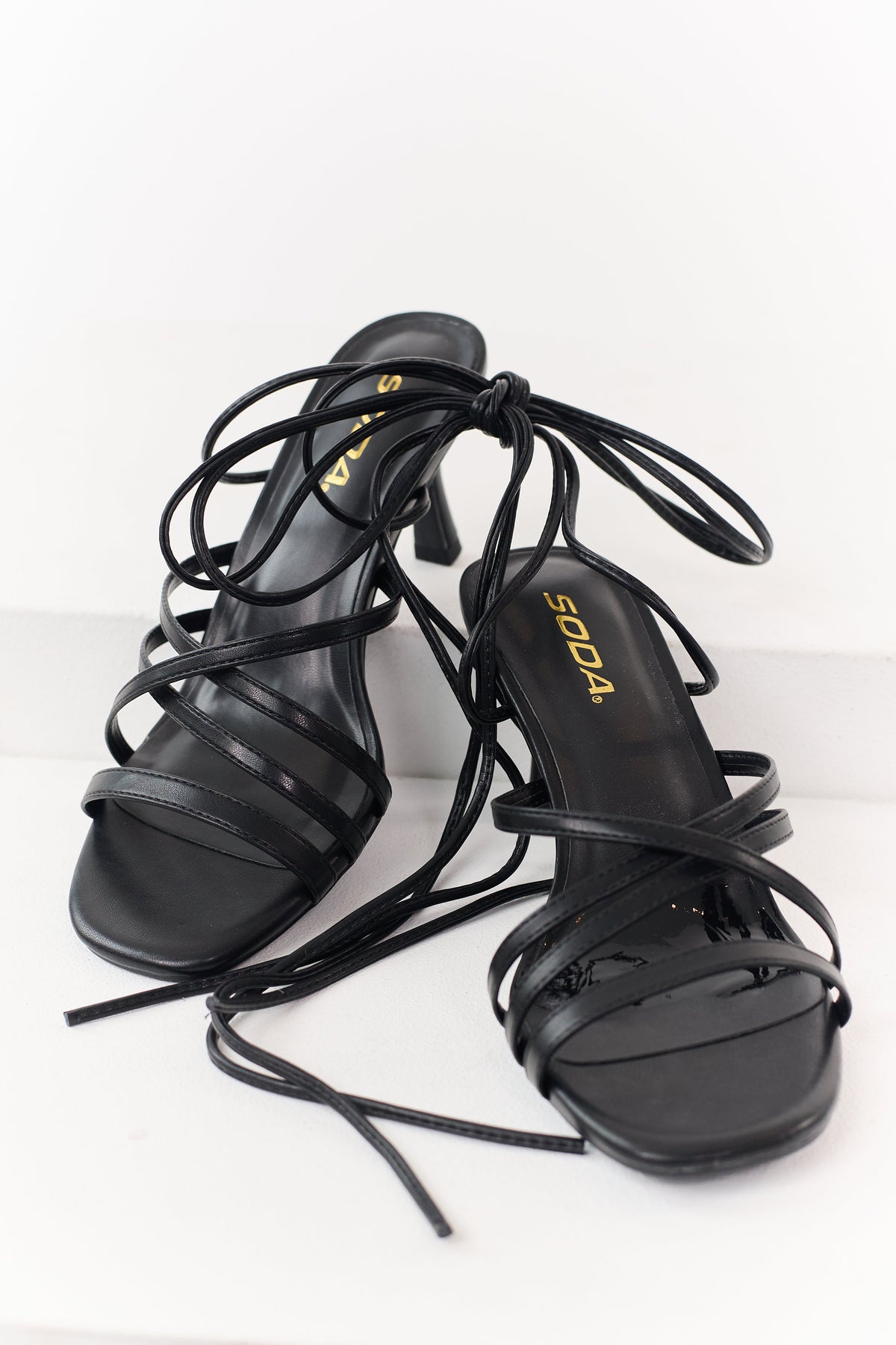 Heartbreaker Energy Lace Up Faux Leather Kitten Heels (Black)