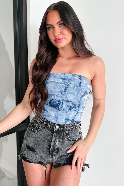 Myrah Denim Print Mesh Bodysuit (Denim)