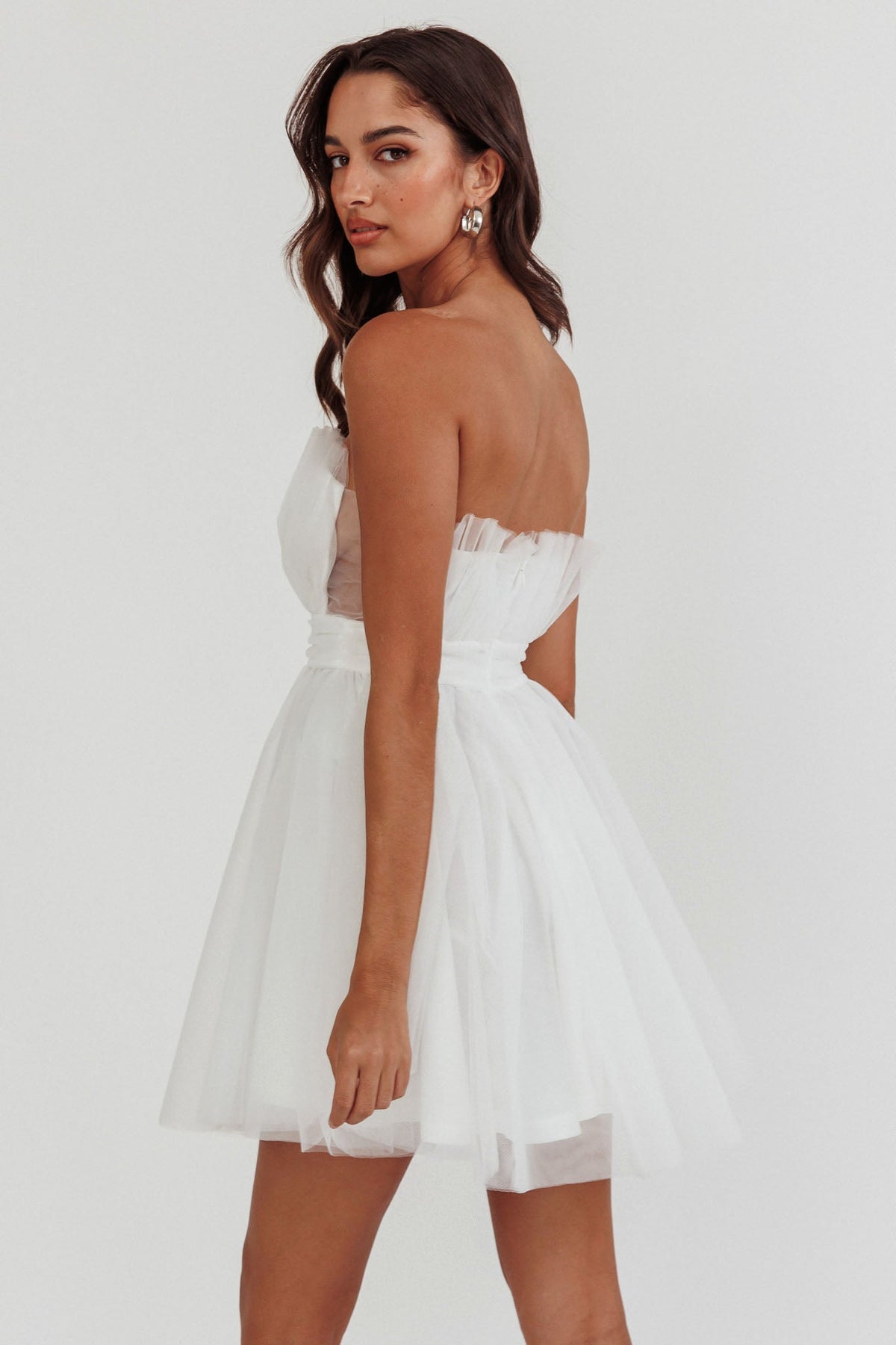 Touch The Stars Gathered Mesh Mini Dress White
