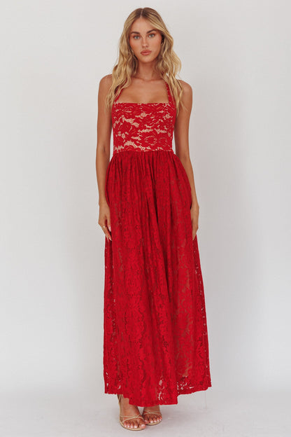 Hendrix Halterneck A-Line Lace Maxi Dress Cherry