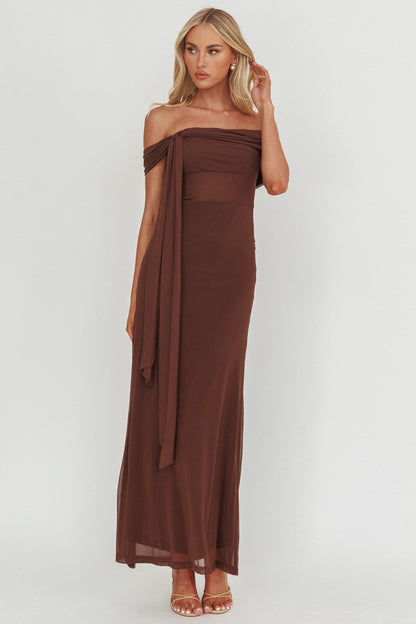 Silver Moon Tied Off-Shoulder Maxi Dress Chocolate