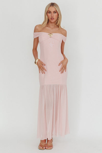 Wilma Off-Shoulder Sheer Hem Maxi Dress Pink