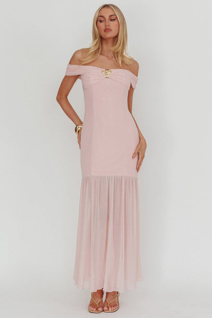 Wilma Off-Shoulder Sheer Hem Maxi Dress Pink