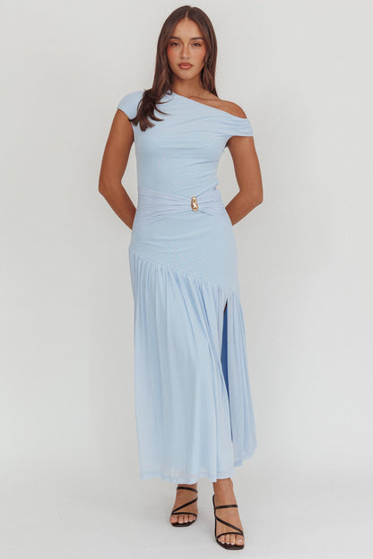 Azure Sun Asymmetric Neckline Split Maxi Dress Blue