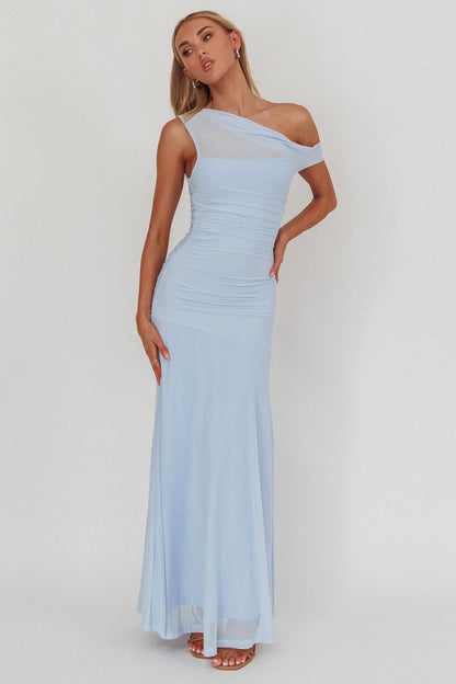Lylah Asymmetric Neckline Mesh Maxi Dress Ice Blue