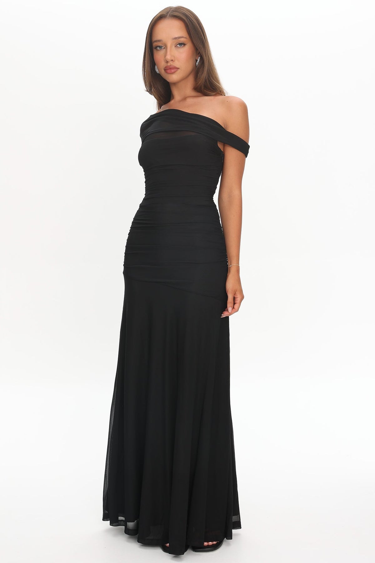 Lylah Asymmetric Neckline Mesh Maxi Dress Black