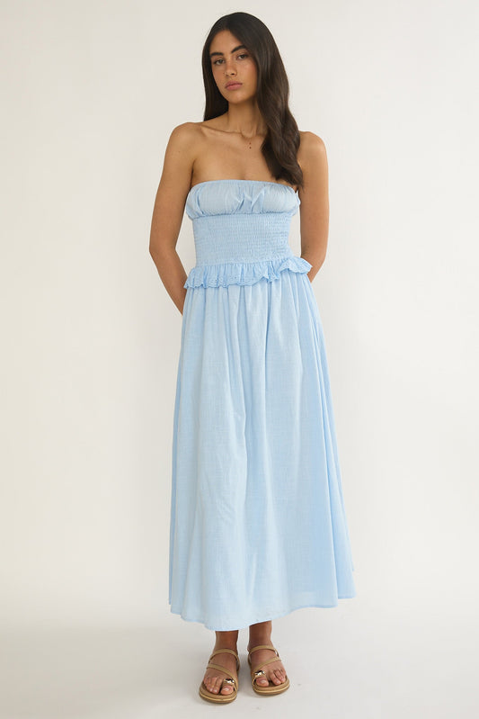 Lija Strapless Shirred Bodice Midi Dress Light Blue