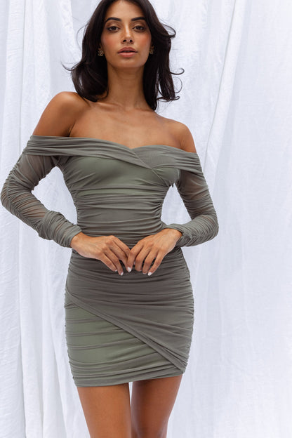 Moonrise Off-Shoulder Crossover Neckline Long Sleeve Ruched Dress Olive