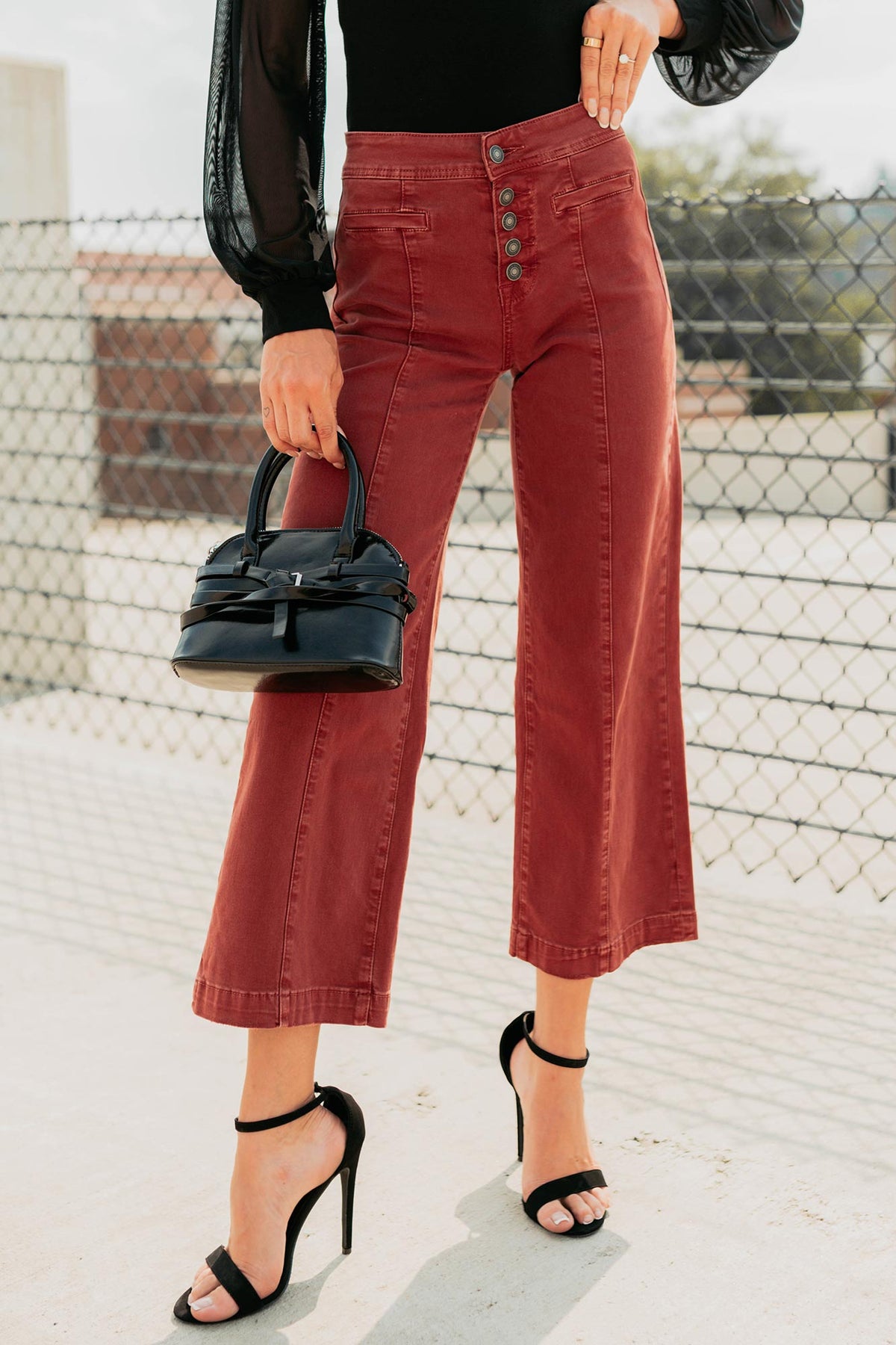 Frances Wide Leg Cropped Mica Denim Jeans (Dark Red)
