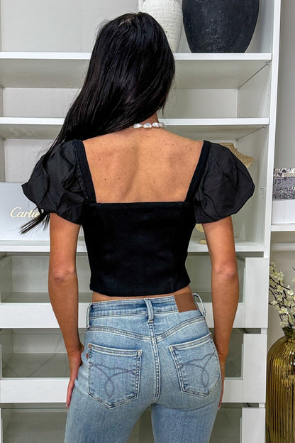 Paint The Town Zipper Knit Puff Sleeve Top (Black)