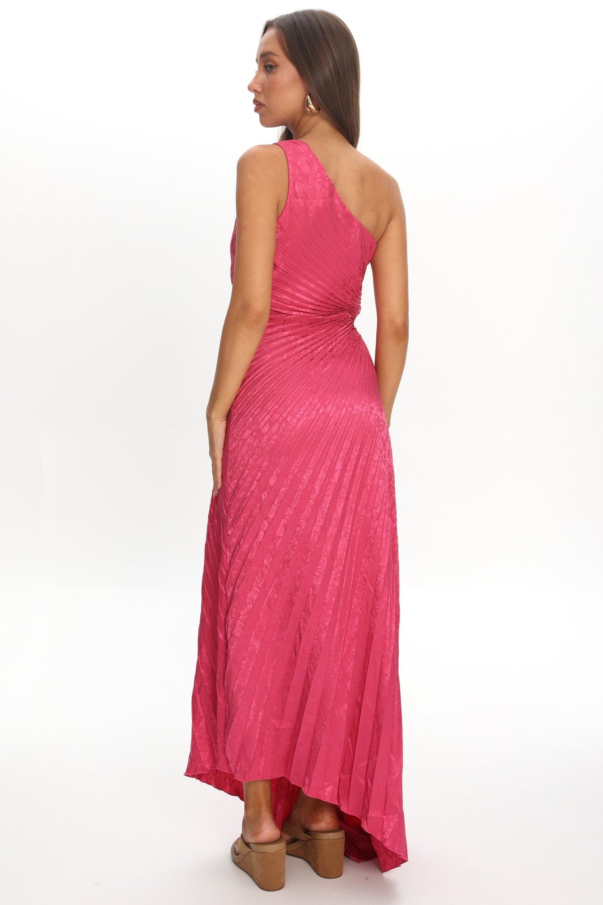 Amelie One-Shoulder Accordion Pleat Maxi Dress Floral Fuchsia