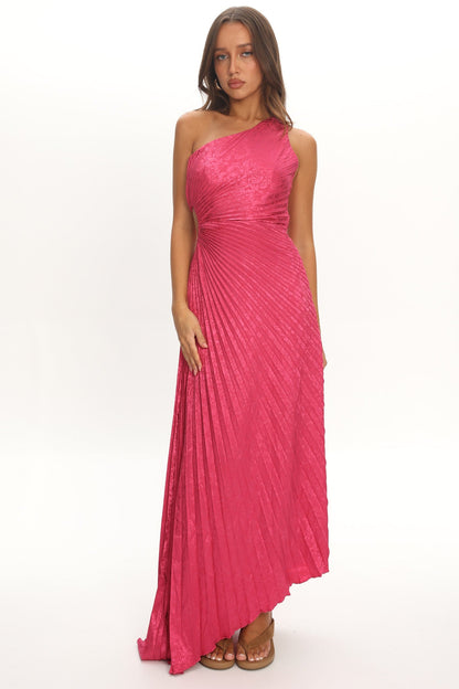 Amelie One-Shoulder Accordion Pleat Maxi Dress Floral Fuchsia