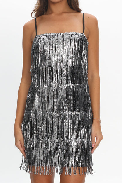 New York Nights Sequin Fringe Mini Dress Black