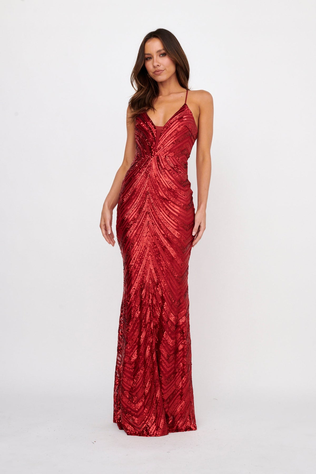 Dalila Open Tied Back Sequin Maxi Dress Red