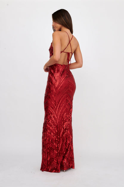 Dalila Open Tied Back Sequin Maxi Dress Red