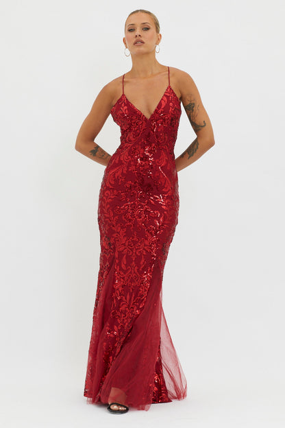Serenade Song Godet Hem Sequin Maxi Dress Red