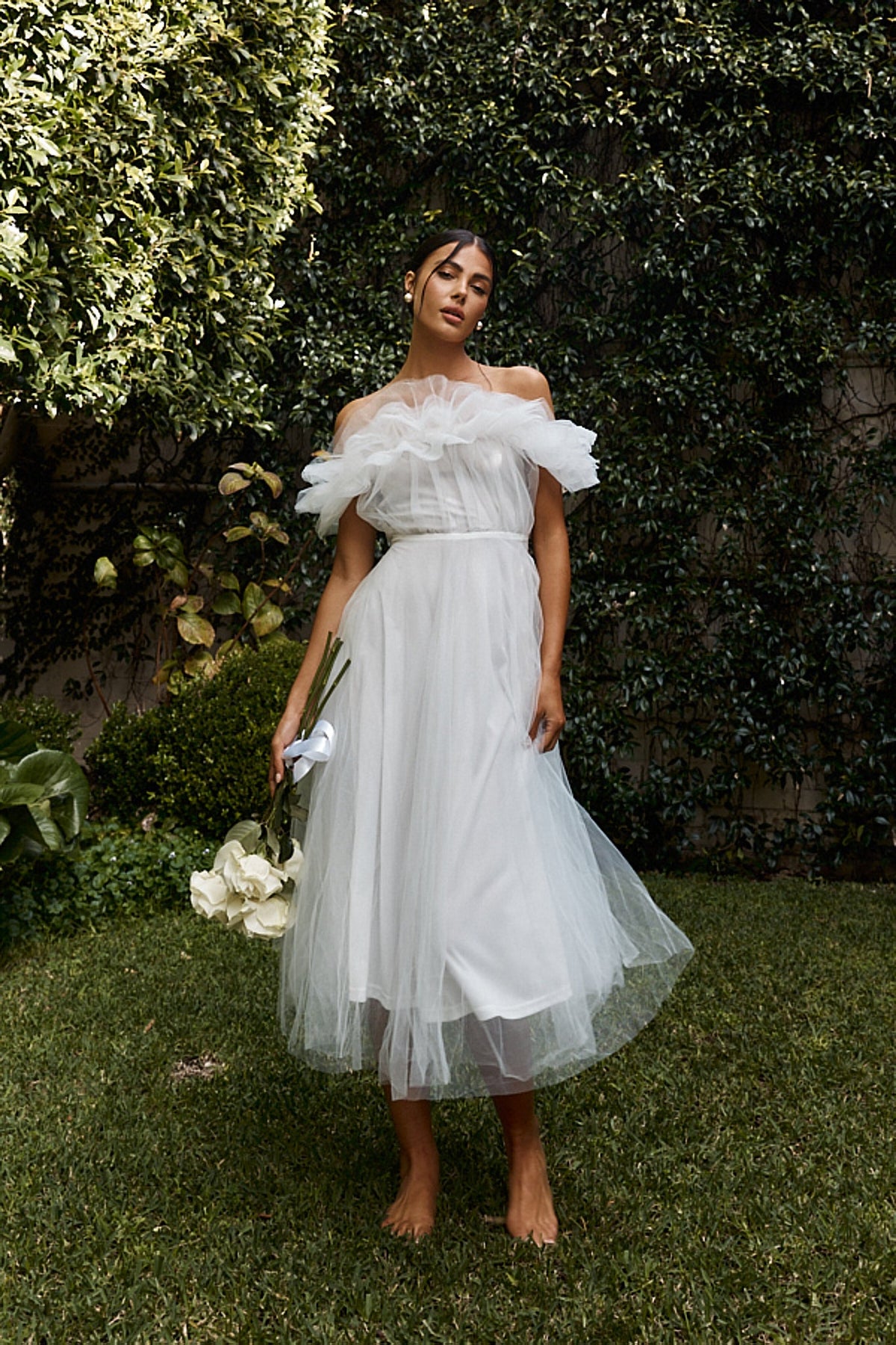 May Rose Off-Shoulder Tulle Midi Dress Off White
