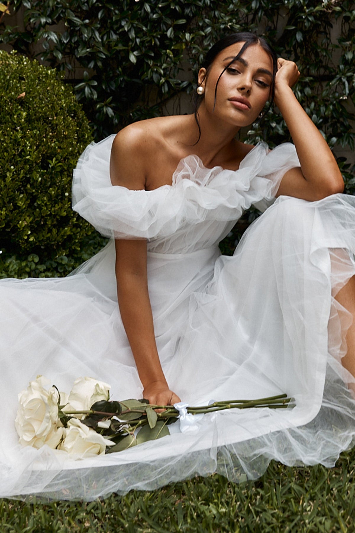 May Rose Off-Shoulder Tulle Midi Dress Off White