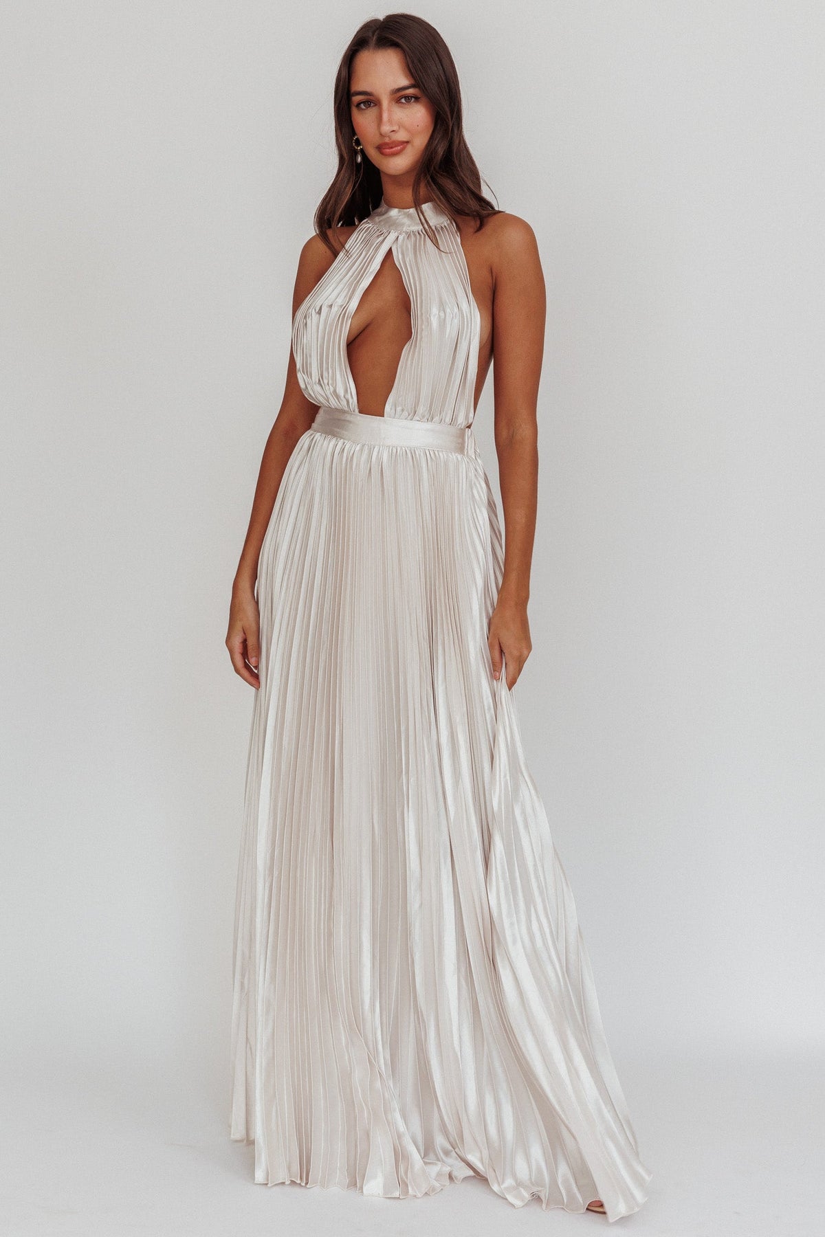 Monarch Pleated Satin Maxi Dress Champagne