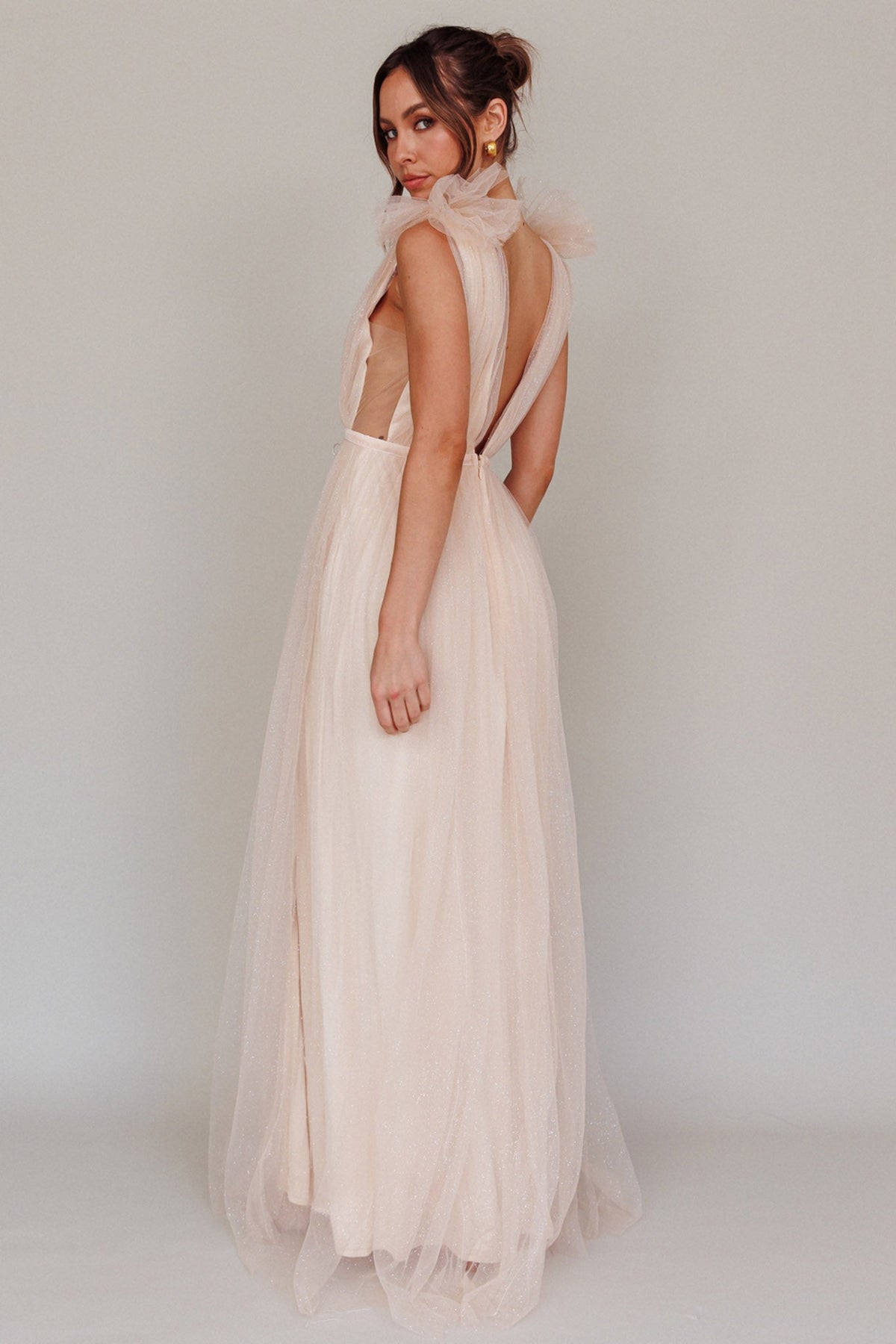 Ludivine Shoulder Accent Mesh Midi Dress Glitter Champagne