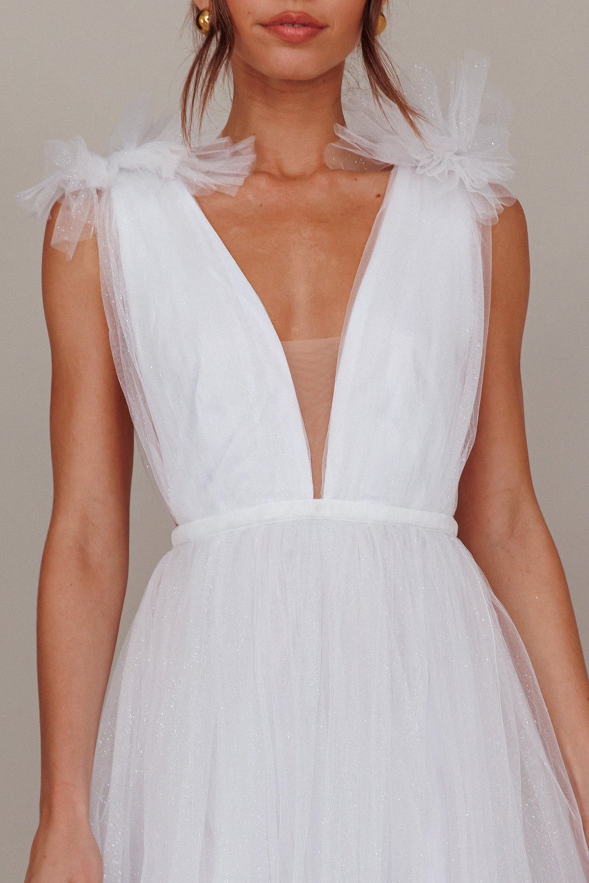 Ludivine Shoulder Accent Mesh Midi Dress Glitter White
