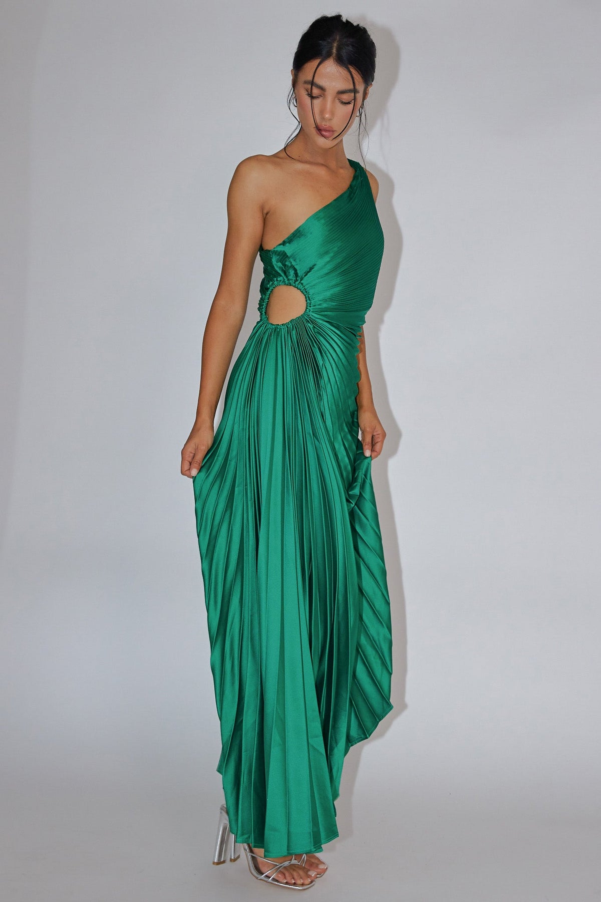 Brooklynn One-Shoulder Accordion Pleat Dress Kelly Green
