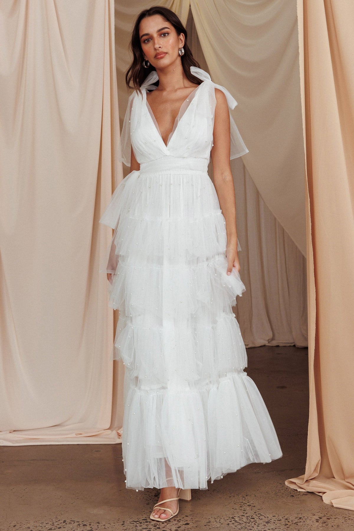 My Fair Lady Bow Shoulder Pearl Maxi Dress White