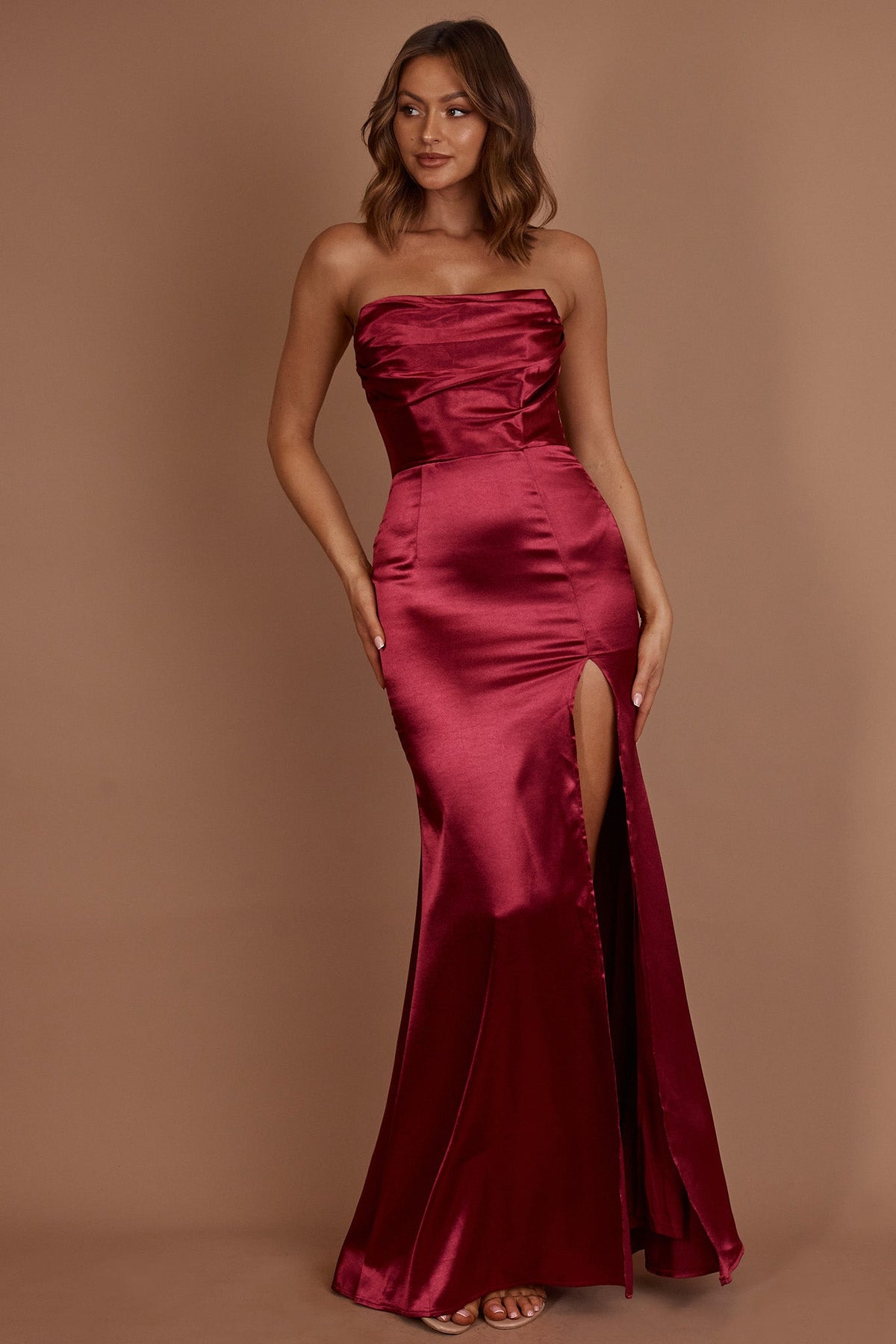 Kalisa Strapless Thigh Split Maxi Dress Burgundy