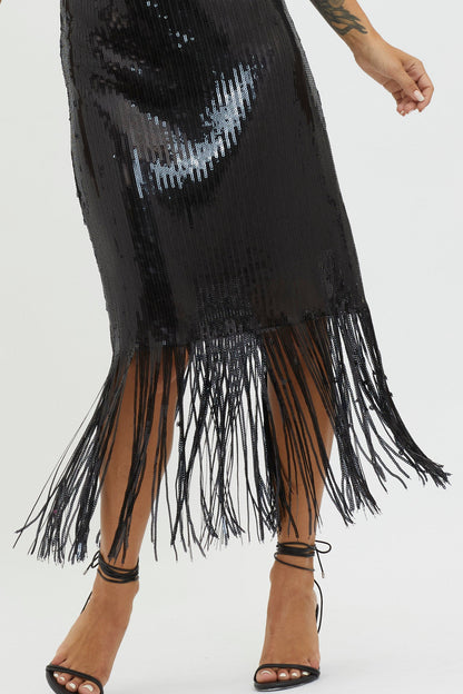 Halo Moon Sequin Fringe Midi Dress Black