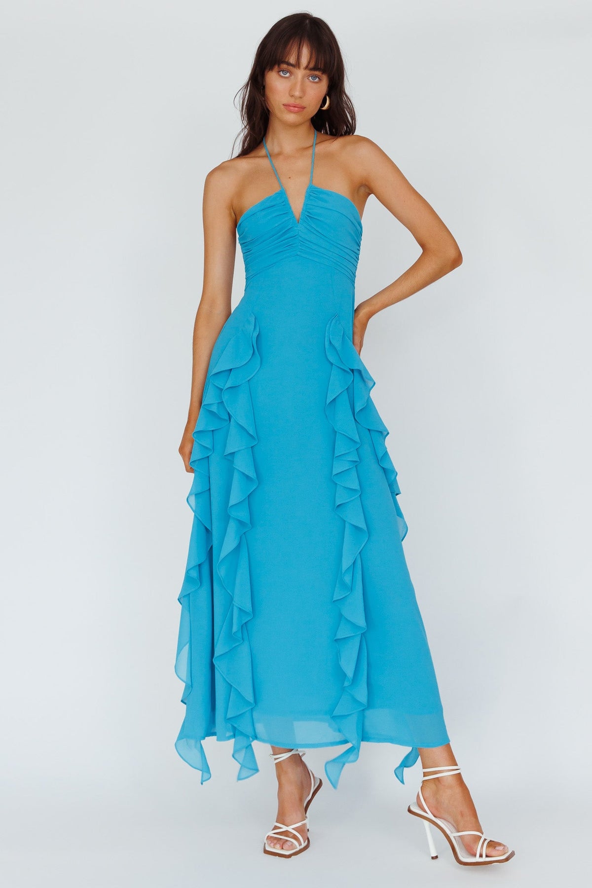 Asiah Ruffle Trim Halterneck Maxi Dress Cerulean Blue