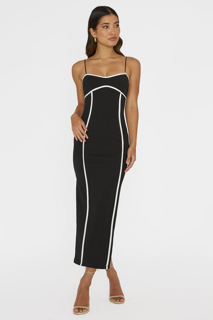 Justyna Contrast Piping Trim Midi Dress Black