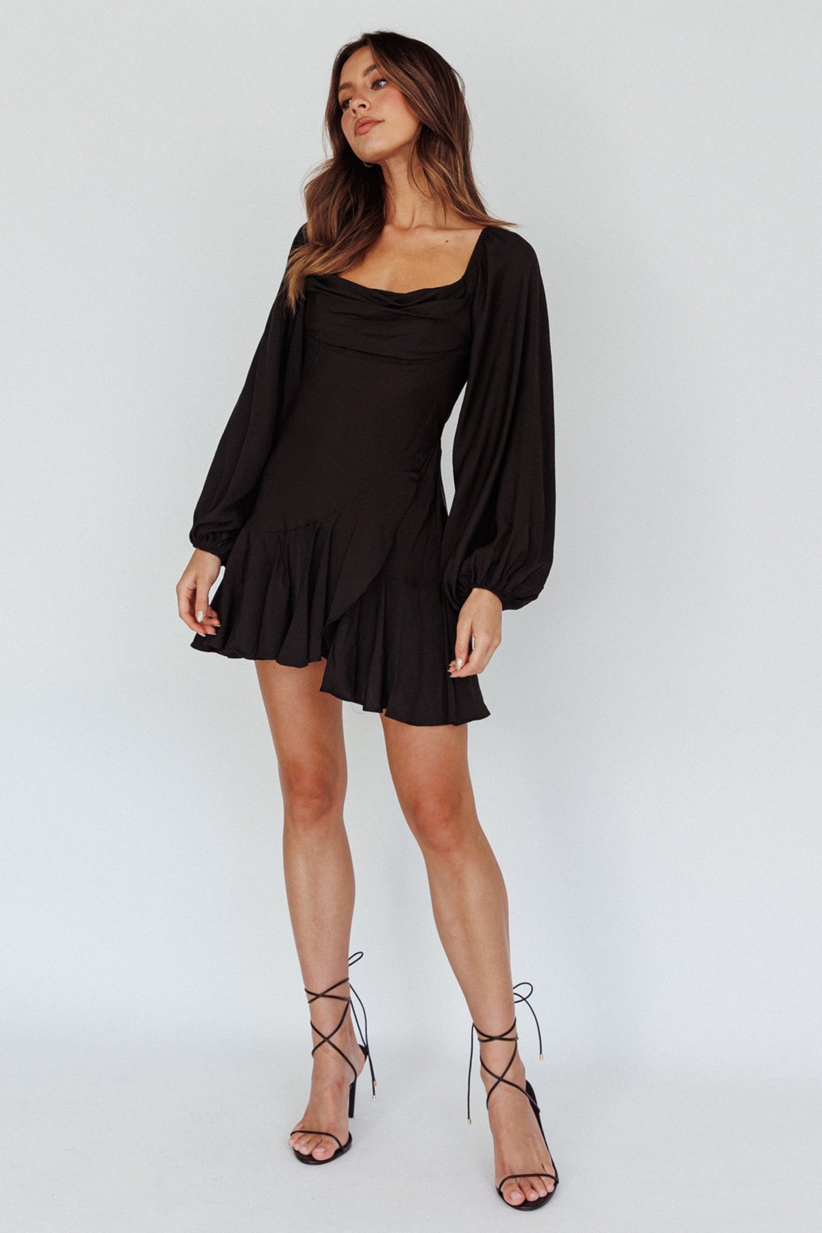 Beaujolais Long Sleeve Cowl Neckline Ruffle Satin Mini Dress Black