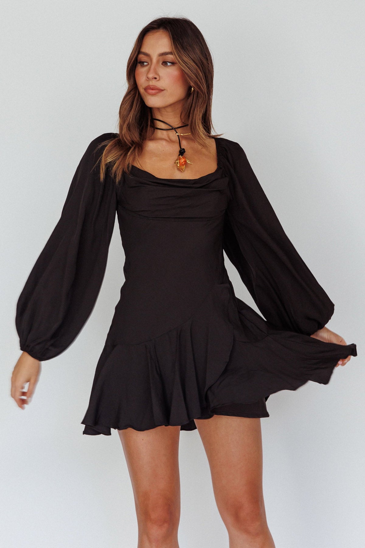 Beaujolais Long Sleeve Cowl Neckline Ruffle Satin Mini Dress Black